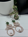 Abstract Pink and Green  Wire Earrings w/sterling silver ear wire