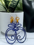 Abstract Blue and Gold Wire Earrings w/ Sterling Silver Ear Wire