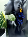 Abstract Blue and Gold Wire Earrings w/ Sterling Silver Ear Wire