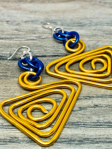 Triangle Shapes Gold and Blue Aluminum Wire Earrings